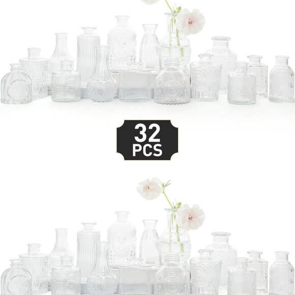 Glass Bud Vase Set of 32 - Clear Bud Vases in Bulk Small Vases for Flowers Cut
